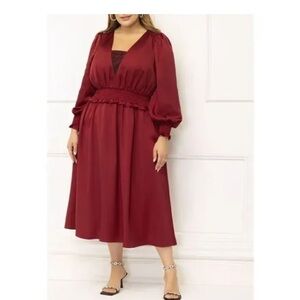 ELOQUII Elements Smocked Waist Satin Midi Dress Red‎ Size 22